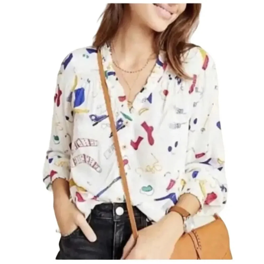 Maeve Anthropologie Snow Ski Day Print Button Up Top Blouse Plus Size 26W